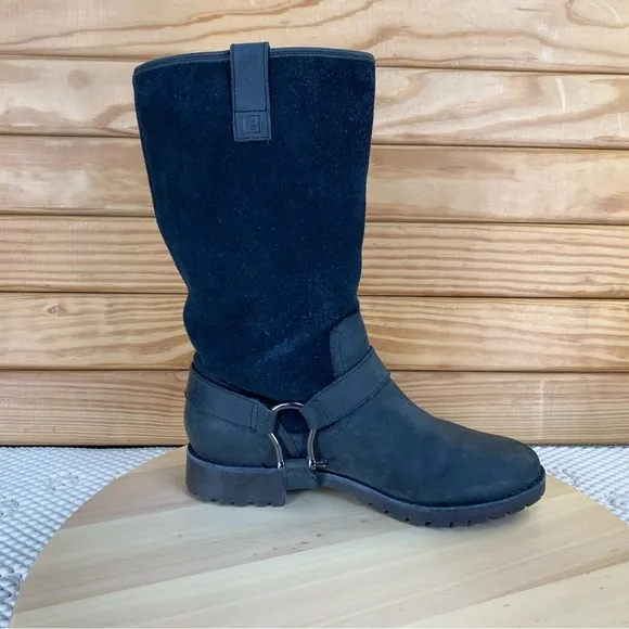 Sperry Top Sider Womens 6.5 US Black Leather Harness Boots Mid Calf Pull-on