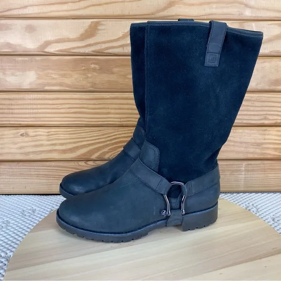Sperry Top Sider Womens 6.5 US Black Leather Harness Boots Mid Calf Pull-on