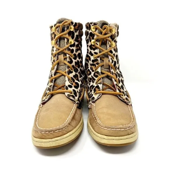 Sperry Topsider Hikerfish Leather Leopard Print Calf Hair Boots. Size 6