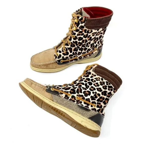 Sperry Topsider Hikerfish Leather Leopard Print Calf Hair Boots. Size 6