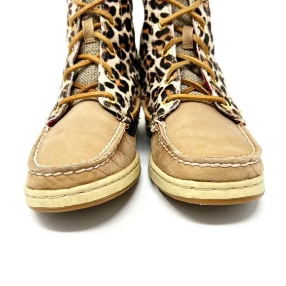 Sperry Topsider Hikerfish Leather Leopard Print Calf Hair Boots. Size 6