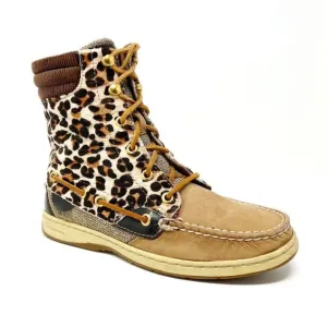 Sperry Topsider Hikerfish Leather Leopard Print Calf Hair Boots. Size 6
