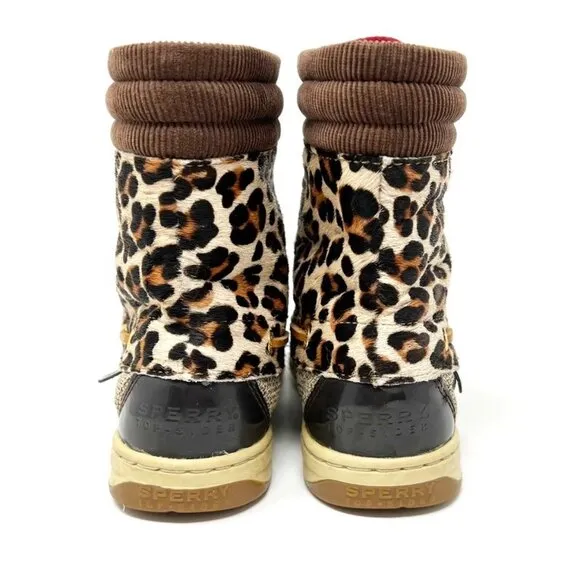Sperry Topsider Hikerfish Leather Leopard Print Calf Hair Boots. Size 6