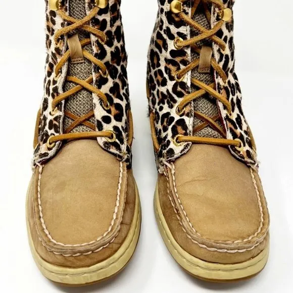 Sperry Topsider Hikerfish Leather Leopard Print Calf Hair Boots. Size 6