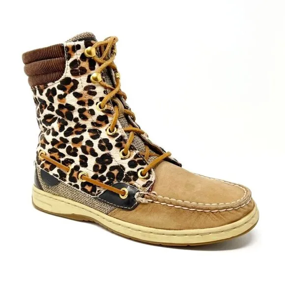 Sperry Topsider Hikerfish Leather Leopard Print Calf Hair Boots. Size 6