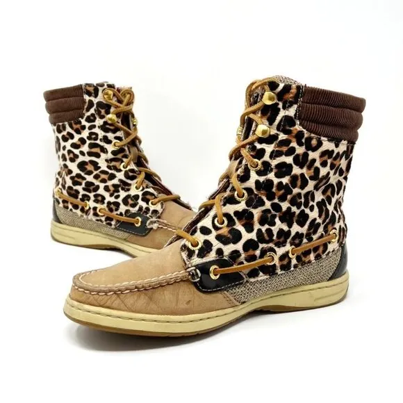 Sperry Topsider Hikerfish Leather Leopard Print Calf Hair Boots. Size 6