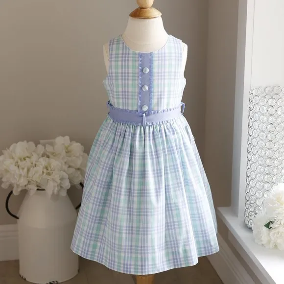 SPRING DRESS Blue Aqua Plaid Sleeveless Boutique Ribbon Trim Size 5 NWOT