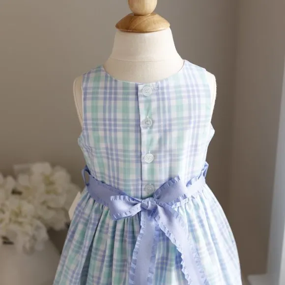 SPRING DRESS Blue Aqua Plaid Sleeveless Boutique Ribbon Trim Size 5 NWOT