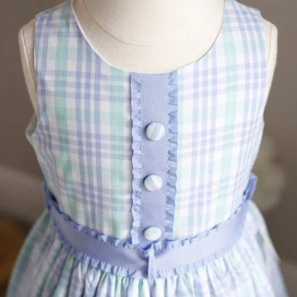 SPRING DRESS Blue Aqua Plaid Sleeveless Boutique Ribbon Trim Size 5 NWOT