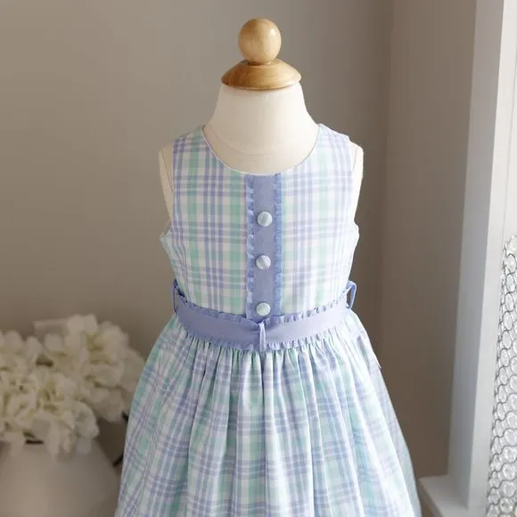 SPRING DRESS Blue Aqua Plaid Sleeveless Boutique Ribbon Trim Size 5 NWOT