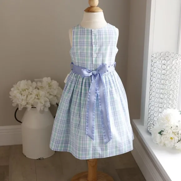 SPRING DRESS Blue Aqua Plaid Sleeveless Boutique Ribbon Trim Size 5 NWOT