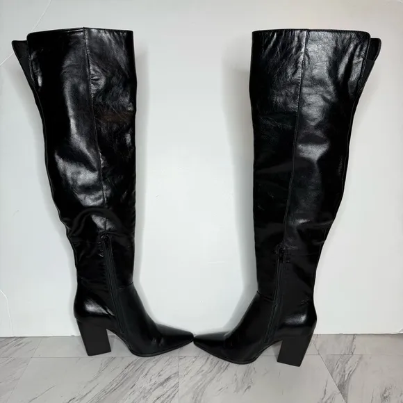 Steve Madden Bramble Black Leather Pointy Toe Over the Knee Boot 7 1/2 M