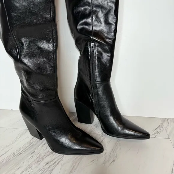 Steve Madden Bramble Black Leather Pointy Toe Over the Knee Boot 7 1/2 M