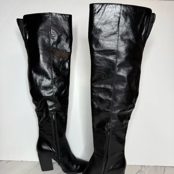 Steve Madden Bramble Black Leather Pointy Toe Over the Knee Boot 7 1/2 M