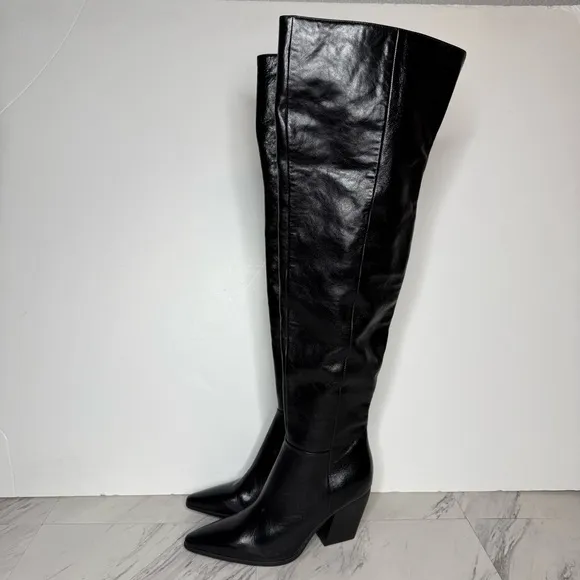 Steve Madden Bramble Black Leather Pointy Toe Over the Knee Boot 7 1/2 M