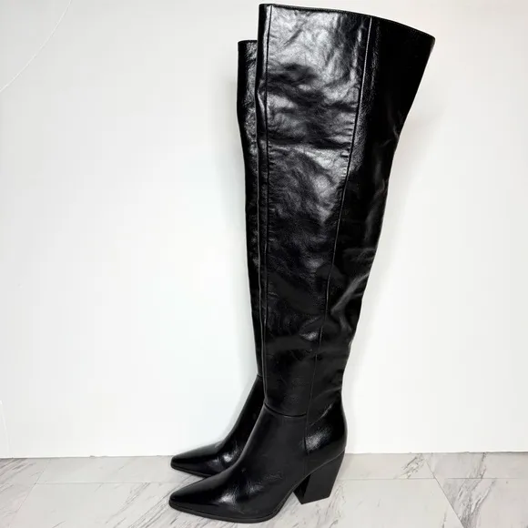 Steve Madden Bramble Black Leather Pointy Toe Over the Knee Boot 7 1/2 M