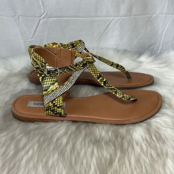 Steve Madden Leven Yellow/Black Snake Rhinestone Thong Sandals Sz 9.5
