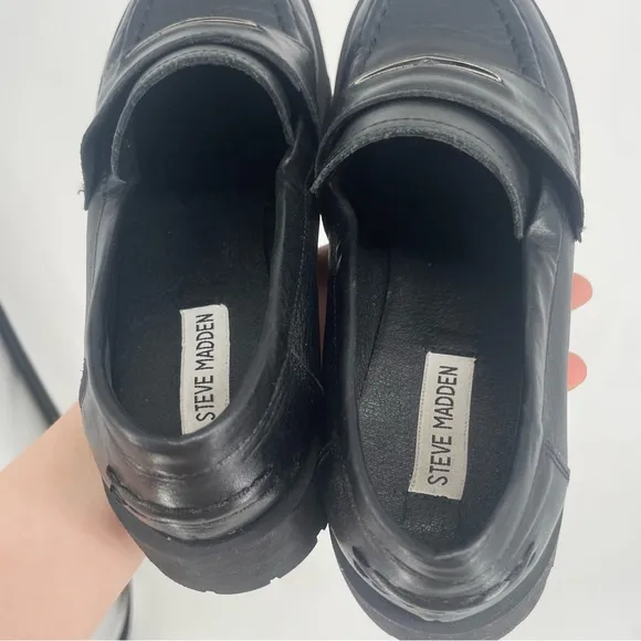 Steven Madden 9.5 Lawrence Black Leather Chunky Lug Sole Loafers Platform Office