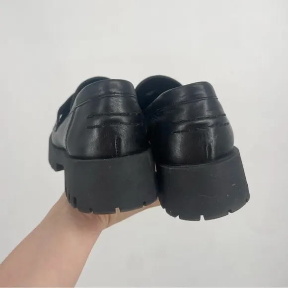 Steven Madden 9.5 Lawrence Black Leather Chunky Lug Sole Loafers Platform Office