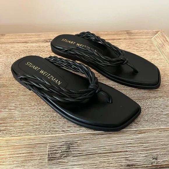 STUART WEITZMAN 9.5 Calypso Braided Square Toe Thong Sandals Black Leather $375