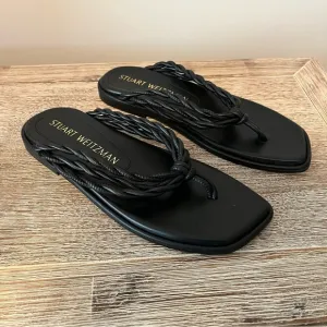 STUART WEITZMAN 9.5 Calypso Braided Square Toe Thong Sandals Black Leather $375