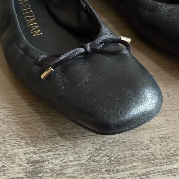 Stuart Weitzman Black Leather Square Toe Ballerina Flats