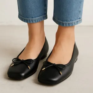 Stuart Weitzman Black Leather Square Toe Ballerina Flats