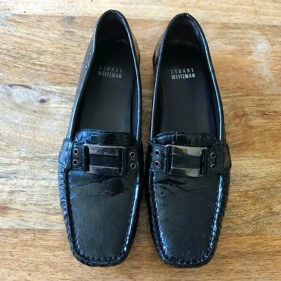 Stuart Weitzman Croc Embossed Black Leather Loafers Sz 7
