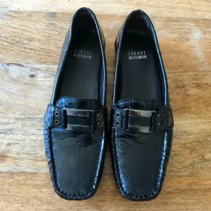 Stuart Weitzman Croc Embossed Black Leather Loafers Sz 7