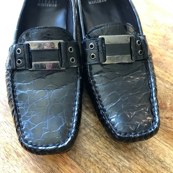 Stuart Weitzman Croc Embossed Black Leather Loafers Sz 7