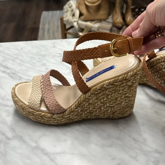 Stuart Weitzman Elsie Leather Colorblock Pattern Wedge Espadrilles Size 8