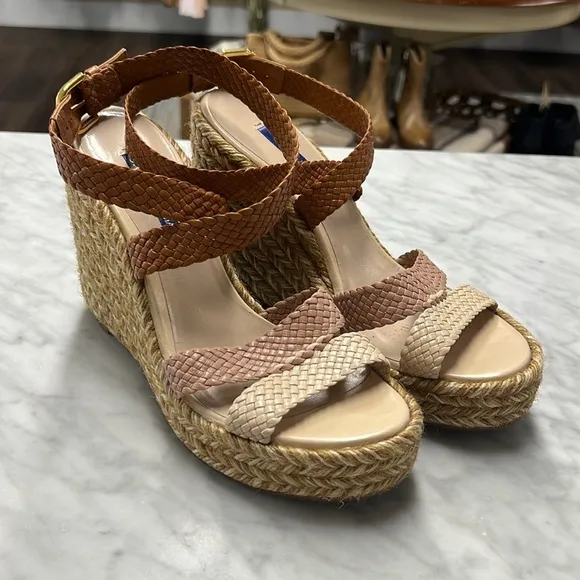 Stuart Weitzman Elsie Leather Colorblock Pattern Wedge Espadrilles Size 8