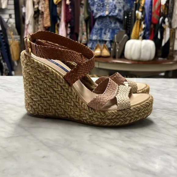 Stuart Weitzman Elsie Leather Colorblock Pattern Wedge Espadrilles Size 8