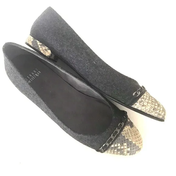 Stuart Weitzman Legacy Ballet Flats 9M Gray Wool Leather Snake Cap Toe