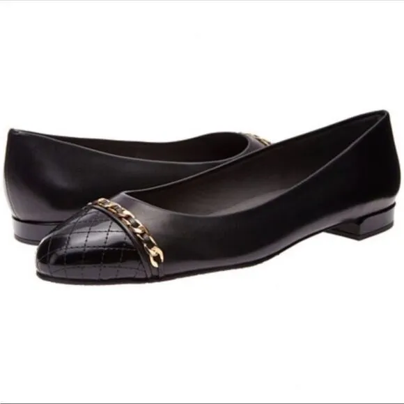 Stuart Weitzman Legacy Gold Chain Quilt Cap Toe Leather Flats Size 7.5