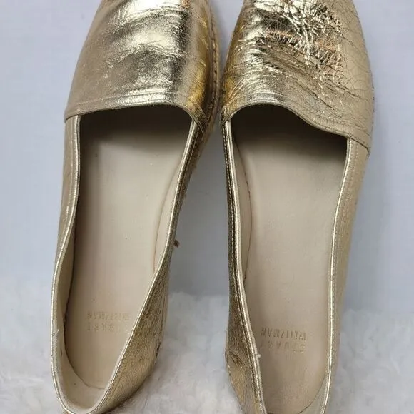 Stuart Weitzman Metallic Gold Leather Slip On Espadrilles Shoes Size 9