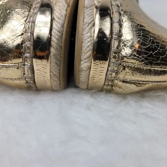 Stuart Weitzman Metallic Gold Leather Slip On Espadrilles Shoes Size 9