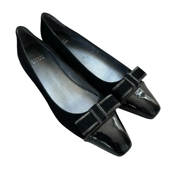 Stuart Weitzman Patent Leather and Suede Ballet  Bow Flats Black Sz 10.5 Narrow