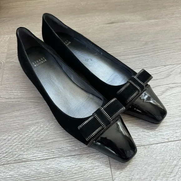 Stuart Weitzman Patent Leather and Suede Ballet  Bow Flats Black Sz 10.5 Narrow