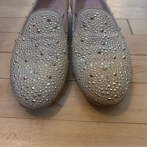 Stuart Weitzman SLIPBEADS TAN BEIGE SUEDE Studded Stud Rhinestone Loafer Flat 7M