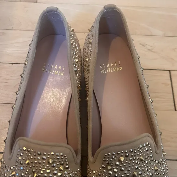 Stuart Weitzman SLIPBEADS TAN BEIGE SUEDE Studded Stud Rhinestone Loafer Flat 7M