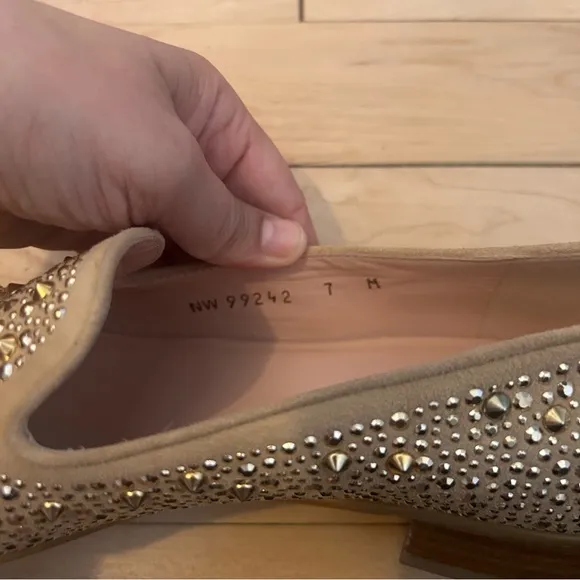 Stuart Weitzman SLIPBEADS TAN BEIGE SUEDE Studded Stud Rhinestone Loafer Flat 7M