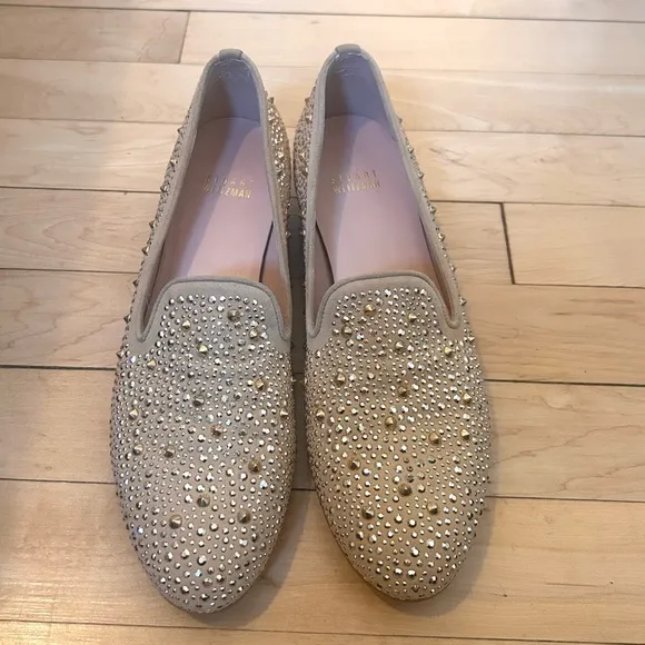 Stuart Weitzman SLIPBEADS TAN BEIGE SUEDE Studded Stud Rhinestone Loafer Flat 7M