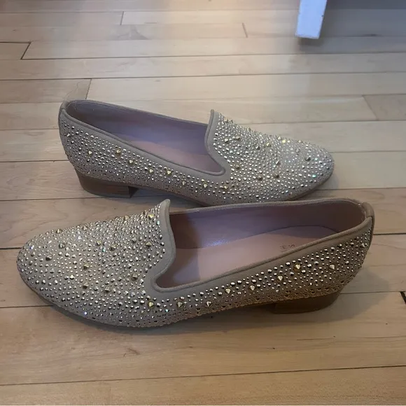 Stuart Weitzman SLIPBEADS TAN BEIGE SUEDE Studded Stud Rhinestone Loafer Flat 7M