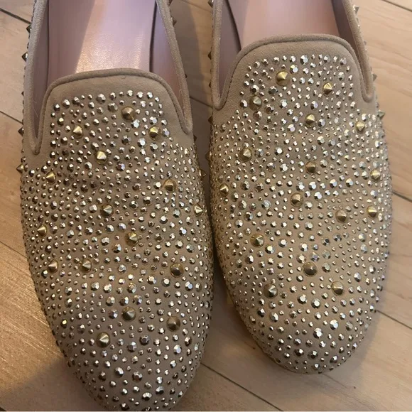 Stuart Weitzman SLIPBEADS TAN BEIGE SUEDE Studded Stud Rhinestone Loafer Flat 7M