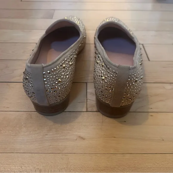 Stuart Weitzman SLIPBEADS TAN BEIGE SUEDE Studded Stud Rhinestone Loafer Flat 7M