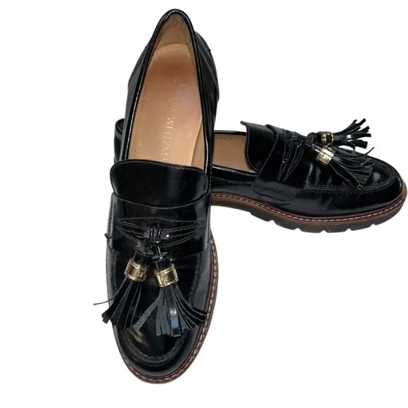 stuart weitzman STUNNING black lug sole tassel penny loafers 7 N