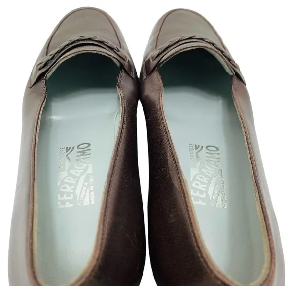 Stuart Weitzman Women's Braided Detail Brown Stacked Heel Slip-On Loafers 9.5