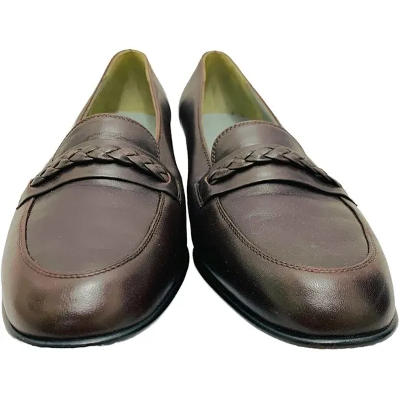 Stuart Weitzman Women's Braided Detail Brown Stacked Heel Slip-On Loafers 9.5