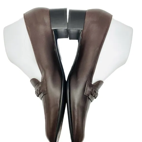 Stuart Weitzman Women's Braided Detail Brown Stacked Heel Slip-On Loafers 9.5